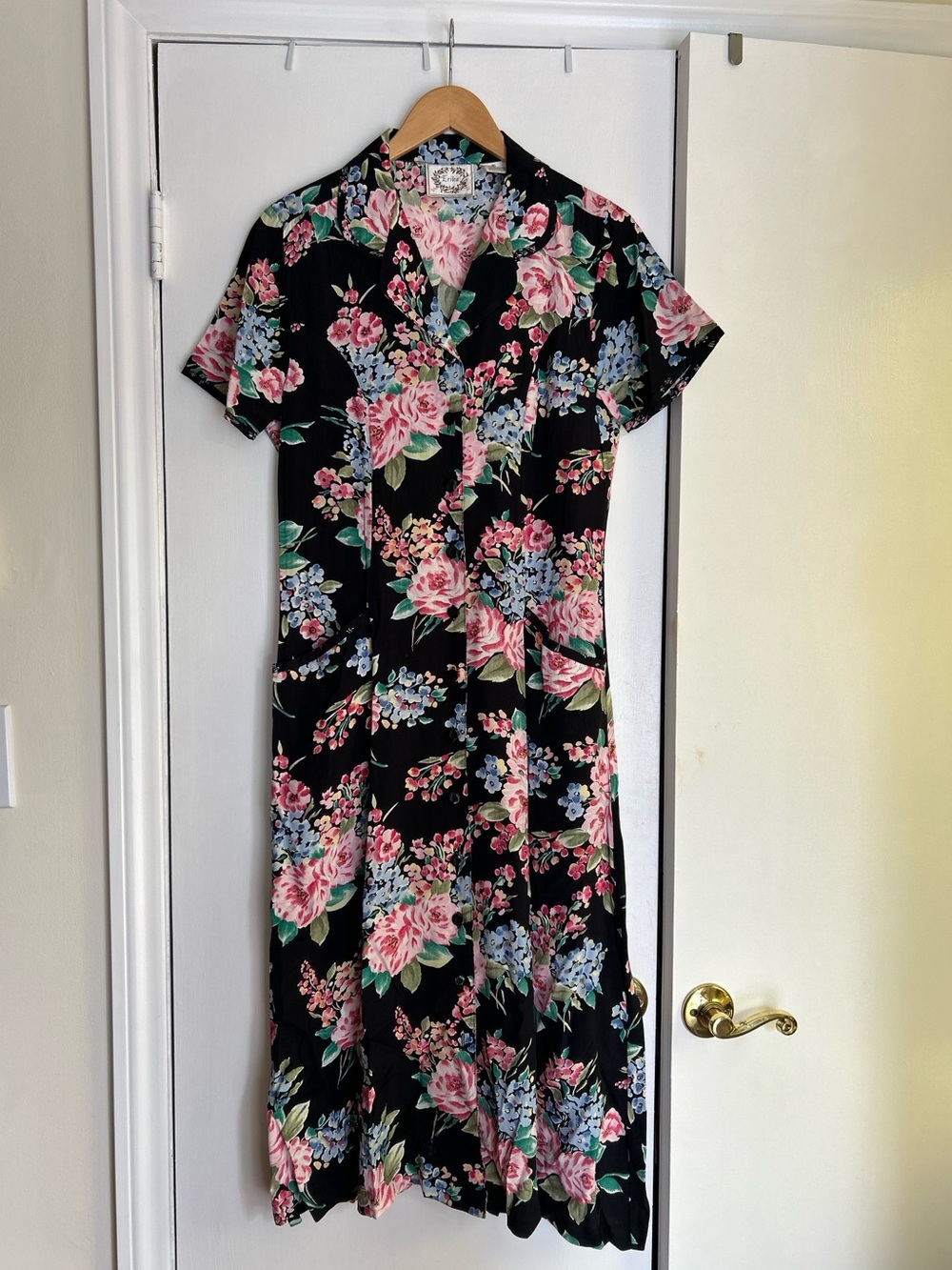 Ericka Vintage Black Pink Floral Button-Front Maxi Dress, Pockets, Tie-Back, S